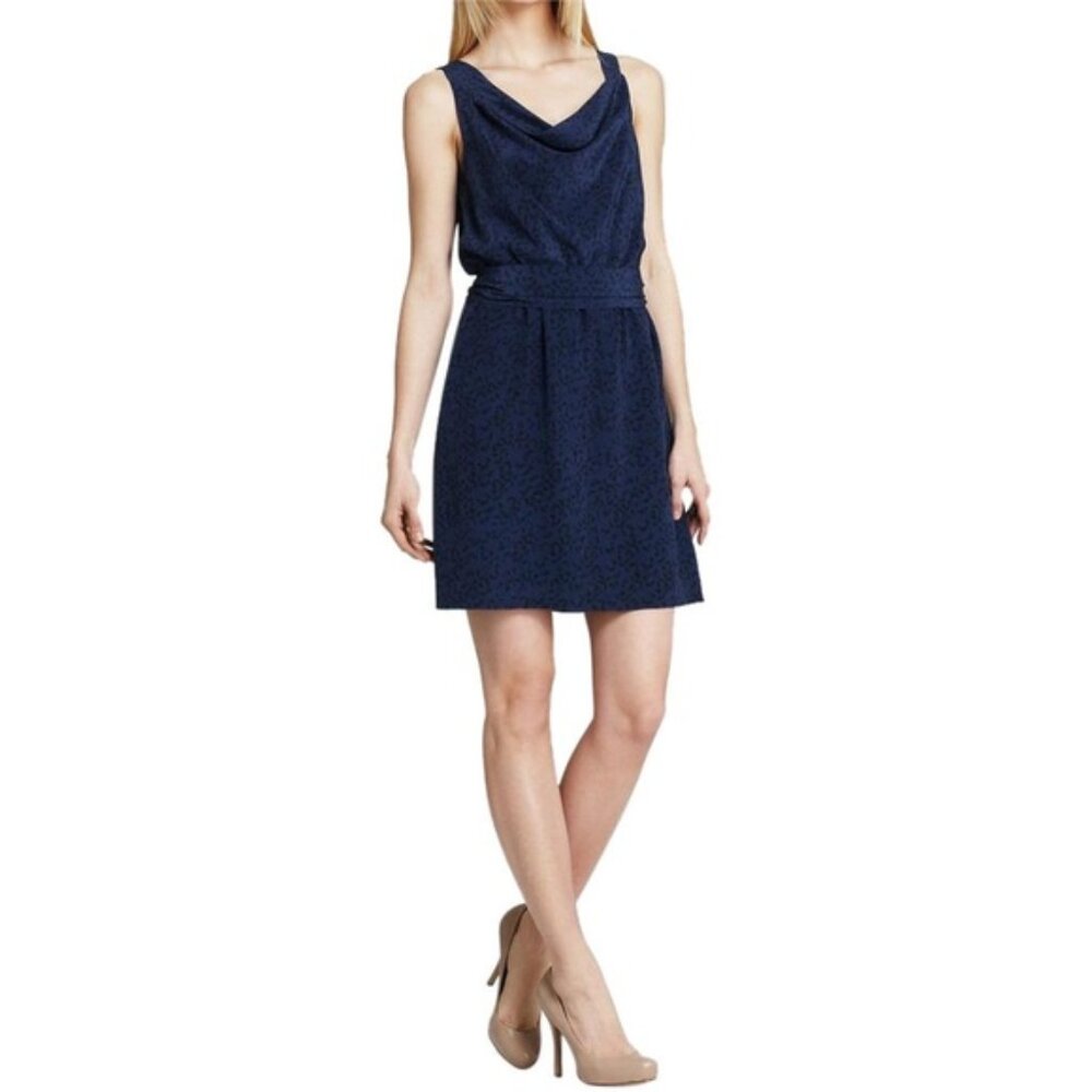 Theory Jaysa 100% Silk Print Drape Front Dress Navy Blue and Black size 0
